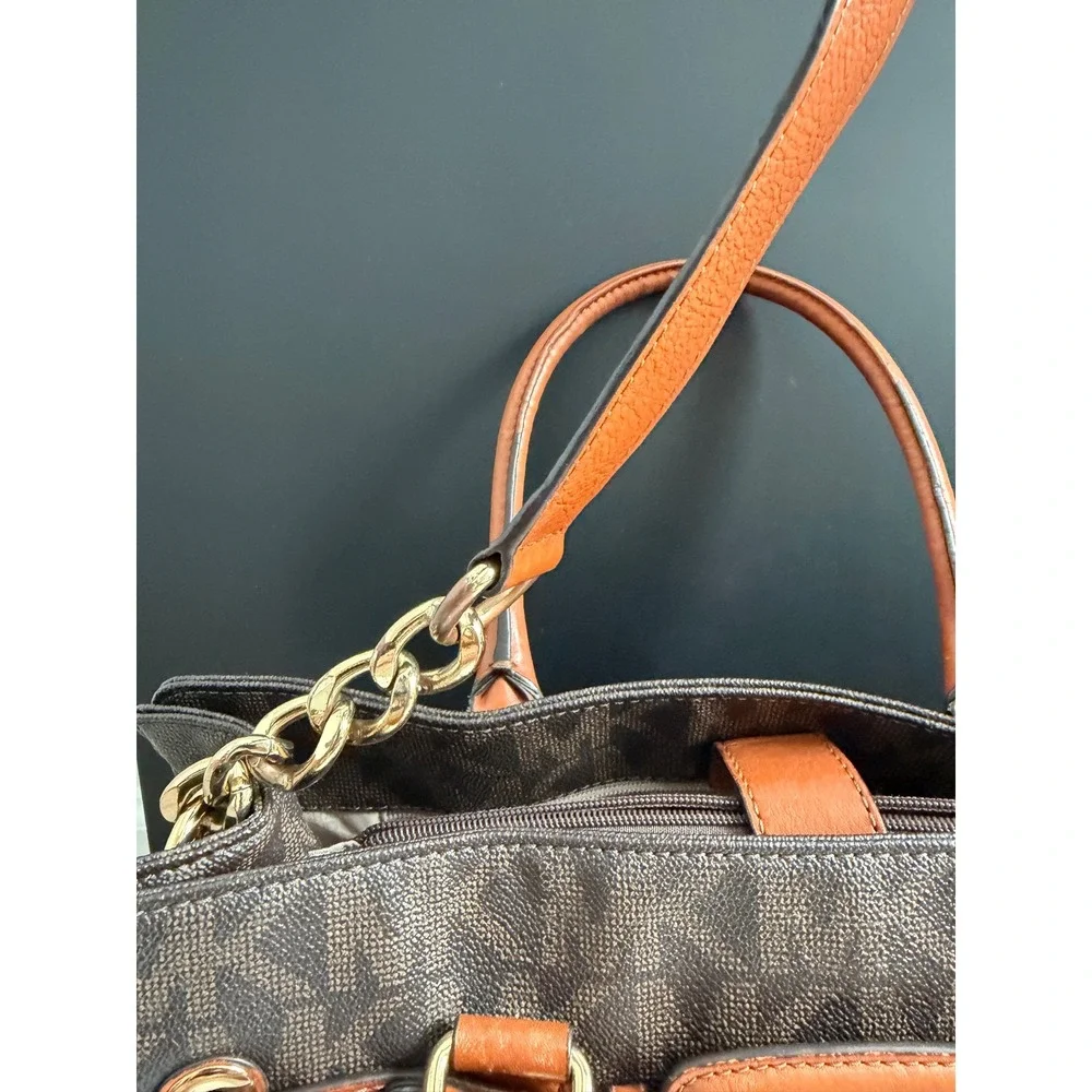 Michael Kors Hamilton Satchel Brown Logo PVC Leather Preppy Classic Tote Bag